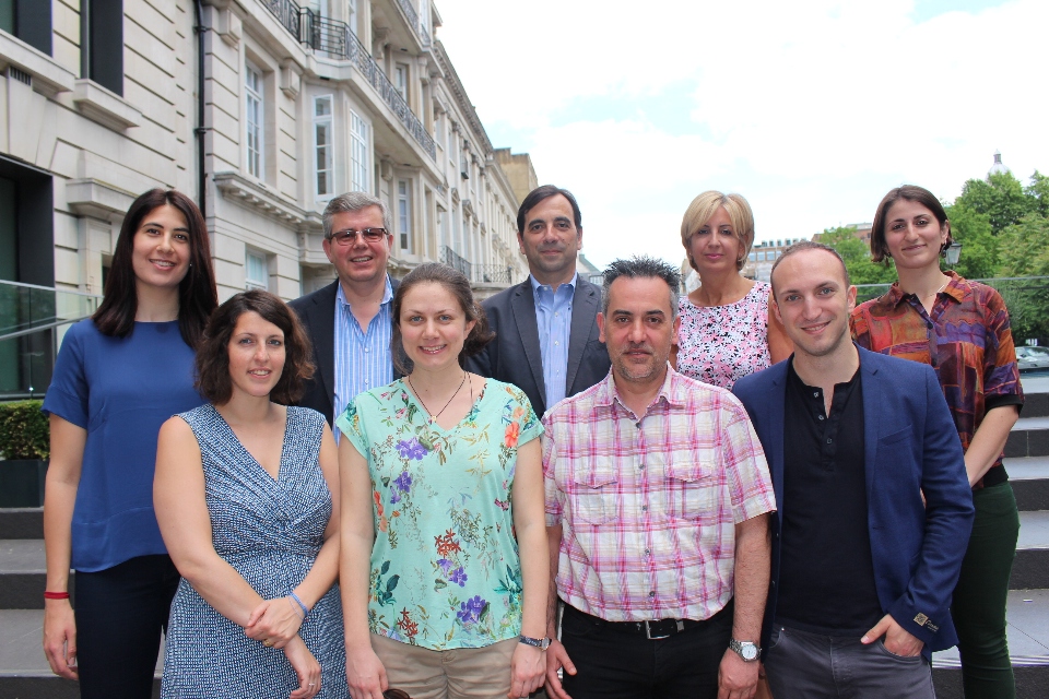 The Hellenic Observatory team. Back row, from left to right: Ms Katerina Glyniadaki (HO PhD Scholar), Prof Kevin Featherstone (Head of the European Institute), Dr Spyros Economides (Director of the Hellenic Observatory), Mrs Ismini Demades (Hellenic Observatory Senior Manager) and Ms Aleksandra Stankova (Administrative Assistant). Front row, from left to right: Ms Polly Liouta (Events and Communications Manager), Dr Anna Tsiftsoglou (Former National Bank of Greece Postdoctoral Research Fellow 2016-17 ), Dr Vassilis Monastiriotis (Associate Professor in the Political Economy of South East Europe) and Mr Michalis Cottakis (Research Assistant)